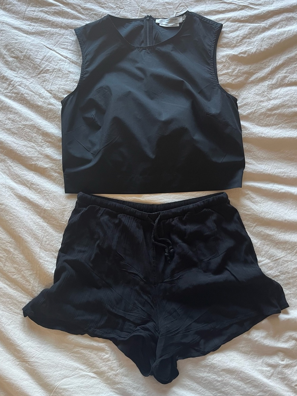 Simons Black Sleeveless Crop Top and Drawstring Shorts Set
